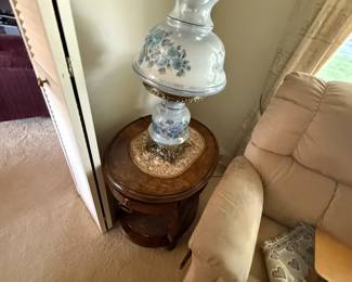 Blue White Glass Hurricane Style Lamp Vintage nice!
