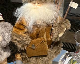 Vintage woodland Santa, faux fur, with lantern, leather satchel