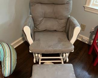 Very nice rocker with rocking footrest in white with gray microfiber upholstery. Very comfy!