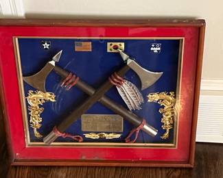 Framed Camp Casey Korea Double Tomahawk Axe, gifted to PLL Supervisor, Sgt David Wilson