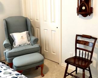 Thomasville Wingback Chair, New England "Hourglass" Clock, Hitchcock Chair
