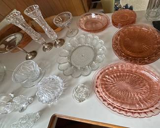 Pink Depression Glass; Sterling Silver Compote; Crystal Vases with sterling silver bases
