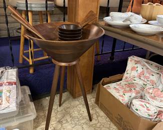 MCM Vermillion Teak Salad Bowl Set on Tripod Stand
