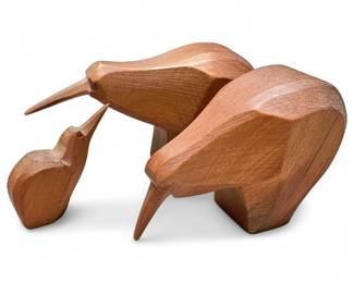 Three Signed Native Totara Wood Kiwi Figurines