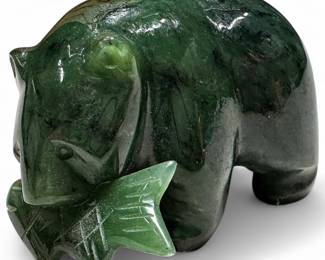Carved Green Nephrite Jade Grizzly Bear Holding Fish