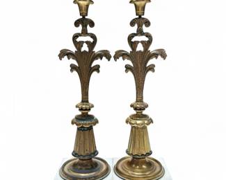 19th Century Victorian Brass Marble Girandole Candlesticks