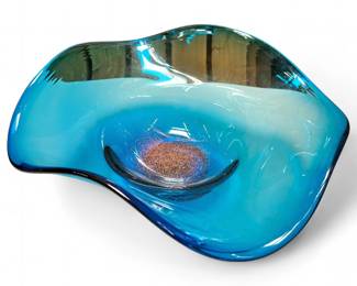 Murano-Style Blue Hand-Blown Art Glass Bowl