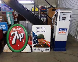 Vintage 7up Sign! US Army double sided porcelain sign! Gulf No-Nox original pump with all the guts, 1950's.