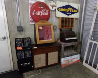 Original Goodyear Tires sign, Coke Button, Dr Pepper original clock that works, small Case Knives store display 