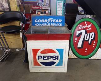 Pepsi signs, Good year and antique wash tub