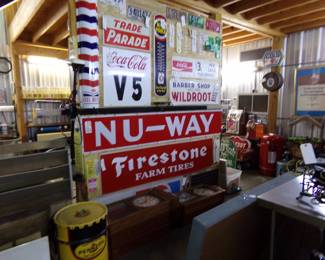 Barber shop original signs, Mail Pouch Tobacco Thermometer, tags and nice Nu-Way Porcelain sign and NOS Firestone Farm Tires sign 