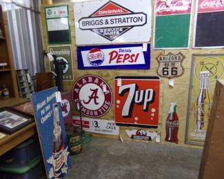 Original Briggs & Stratton sign, super clean Blue Pepsi Original sign, tons of small signs & menu boards 