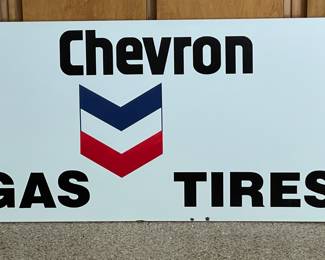 Original Chevron Porcelain sign! (2 just alike for sale!) Killer condition! Details: porcelain and Chevron logos are authentic...Chevron, gas and tires were added as vinyl lettering as an example of what you could do with it. Both can be bought together and connect should you want both. Vinyl stickers remove easily.