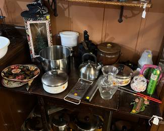 Pots and pans, salt & pepper shakers and misc items and collectibles