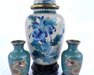 47 CloisonnGingerJarandTwoBudVaseswithWoodenStands