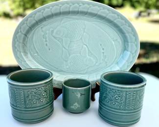 64 CeladonPlatterCupandTwoJars