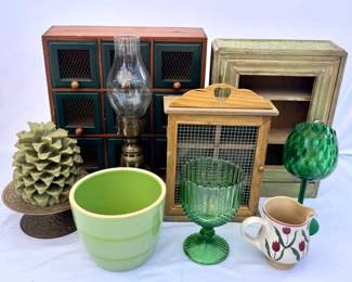 78 RusticGreenWoodGlassBrassandCeramicsLot