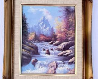 58 SmallOrnateFramedOilPaintingofMountainRiversignedbyArtist