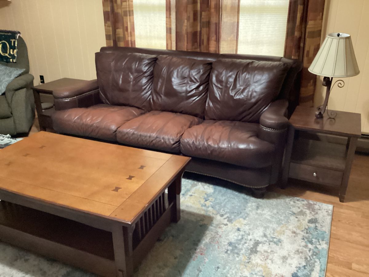 LEATHER SOFA, COFFEE TABLE