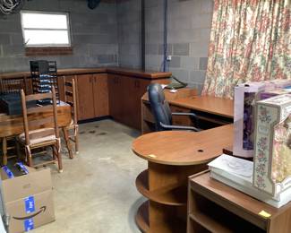 DESK, CABINETS, TABLE