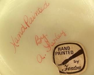 FENTON BURMESE SATIN URANIUM TREE LANDSCAPE VASE 7in H, HAND PAINTED & SIGNED