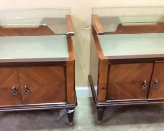 PAIR OF VTG. BURL WOOD ITALIAN BEDSIDE NIGHTSTANDS w GLASS SHELF NO SHIPPING PICKUP ONLY