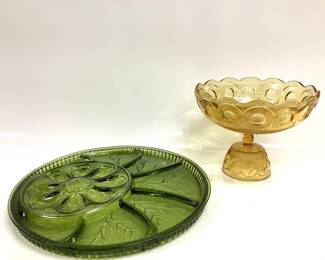 INDIANA GLASS DEVILED EGG & BARTLETT COLLINS BOWL INDIANA GLASS CO. AVOCADO DEVILED EGG, RELISH DISH & BARTLETT COLLINS REVERSIBLE GLASS COMPOTE BOWL ST. GENEVIEVE MANHATTAN AMBER