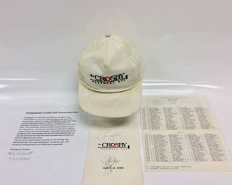1989 AUTOGRAPHED BOB HOPE CROSBY HAT 1989 MULTIPLE AUTOGRAPHED "THE CROSBY AT BERMUDA RUN" GOLF EVENT HAT, PROGRAM. SIGNATURES INCLUDE; BOB HOPE, PAT BOONE, SCOTT HAMILTON, GLEN CAMPBELL AND CHAD EVERETTE