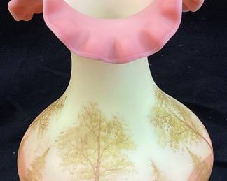 FENTON BURMESE SATIN URANIUM TREE LANDSCAPE VASE 7in H, HAND PAINTED & SIGNED
