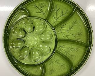 INDIANA GLASS DEVILED EGG & BARTLETT COLLINS BOWL INDIANA GLASS CO. AVOCADO DEVILED EGG, RELISH DISH & BARTLETT COLLINS REVERSIBLE GLASS COMPOTE BOWL ST. GENEVIEVE MANHATTAN AMBER
