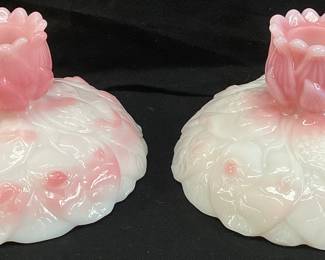  PAIR OF FENTON ROSALENE PINK WATER LILY CANDLE HOLDERS