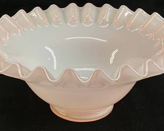FENTON PINK ROSE OVERLAY CRIMPED RIM BOWL, 7in DIAMETER