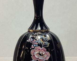 FENTON BLACK SCALLOPED FLORAL BELL, HAND PAINTED SIGNED, 6.5in H