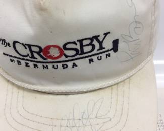 1989 AUTOGRAPHED BOB HOPE CROSBY HAT 1989 MULTIPLE AUTOGRAPHED "THE CROSBY AT BERMUDA RUN" GOLF EVENT HAT, PROGRAM. SIGNATURES INCLUDE; BOB HOPE, PAT BOONE, SCOTT HAMILTON, GLEN CAMPBELL AND CHAD EVERETTE