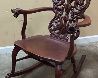 ANTIQUE STICKLEY & BRANDT MAHOGANY HAND CARVED ROCKER, CHINESE DRAGON DESIGN ARMREST & TOP OF BACK, 1891-1919 NO SHIPPING PICKUP ONLY