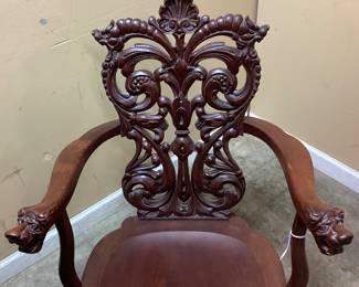 ANTIQUE STICKLEY & BRANDT MAHOGANY HAND CARVED ROCKER, CHINESE DRAGON DESIGN ARMREST & TOP OF BACK, 1891-1919 NO SHIPPING PICKUP ONLY