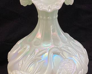 FENTON IRIDESCENT SEA GREEN SATIN SWAN VASE, 8in H #9458 GE