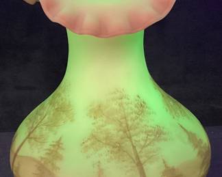 FENTON BURMESE SATIN URANIUM TREE LANDSCAPE VASE 7in H, HAND PAINTED & SIGNED
