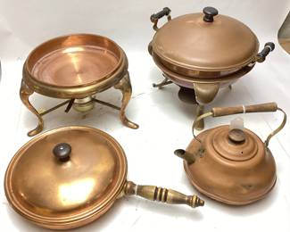 (4) VTG. COPPER PANS, CHAFFING DISHES, TEA KETTLE