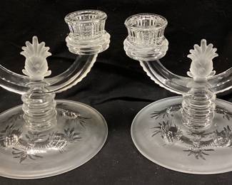 PAIR OF 1938 FENTON CRYSTAL SATIN PINEAPPLE DOUBLE CANDLE HOLDERS