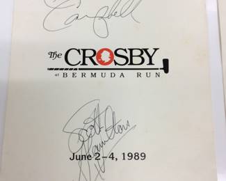 1989 AUTOGRAPHED BOB HOPE CROSBY HAT 1989 MULTIPLE AUTOGRAPHED "THE CROSBY AT BERMUDA RUN" GOLF EVENT HAT, PROGRAM. SIGNATURES INCLUDE; BOB HOPE, PAT BOONE, SCOTT HAMILTON, GLEN CAMPBELL AND CHAD EVERETTE