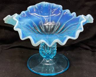 1910 DUGAN BLUE OPALESCENT OPEN OPAL BEADED PANEL COMPOTE