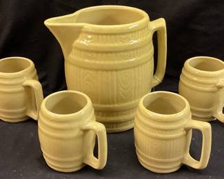 1920s YELLOWARE BARREL PITCHER & 4 MUGS NO SHIPPING PICKUP ONLY