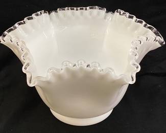 FENTON SILVER CREST MILK GLASS CRIMPED BOWL, 8.5in W