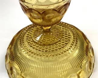 INDIANA GLASS DEVILED EGG & BARTLETT COLLINS BOWL INDIANA GLASS CO. AVOCADO DEVILED EGG, RELISH DISH & BARTLETT COLLINS REVERSIBLE GLASS COMPOTE BOWL ST. GENEVIEVE MANHATTAN AMBER