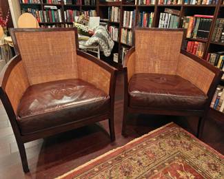 102 Pair Crate & Barrel Blake Rattan Chairs w/ Leather Cushion, can be sold separately 29x29x34