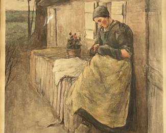 A. W. Elson & Co., Boston Print After Anton Mauve Watercolor Painting "In Front Of Her House" 