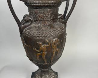 Pair Of Neoclassical Style Bronze Painted Metal Two Handled Urn Form Lamps On Marble Bases, Now As A Lamp 