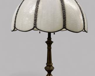 Ornate Metal Gold Wash Two Light Lamp With White Slag Glass Shade 