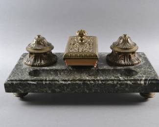 Vintage Empire Style Double Inkwell Mounted On Marble Base With Associated Blotter 